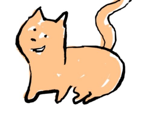 A playful orange cat with a smiling face and a curly tail.