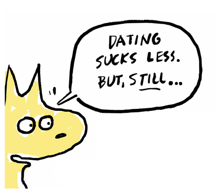 Cartoon character expressing mixed feelings about dating.