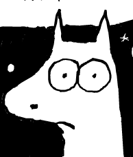 A cartoon character with a long snout, large eyes, and pointed ears against a dark background.