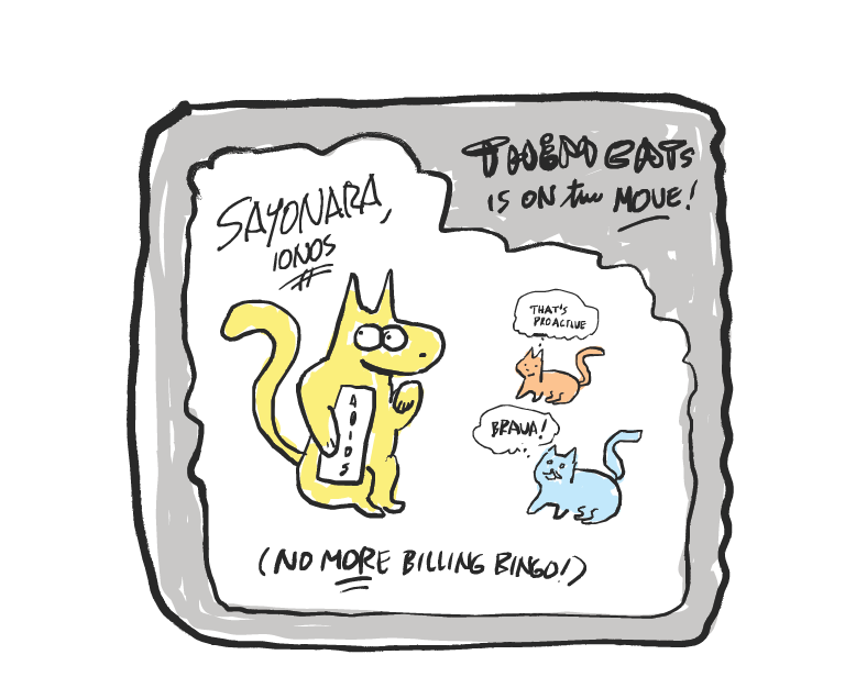 THEM CATS migration announcement. Yellow Cat from THEM CATS says "Sayonara, IONOS" while carrying a suitcase and celebrating the comic's web